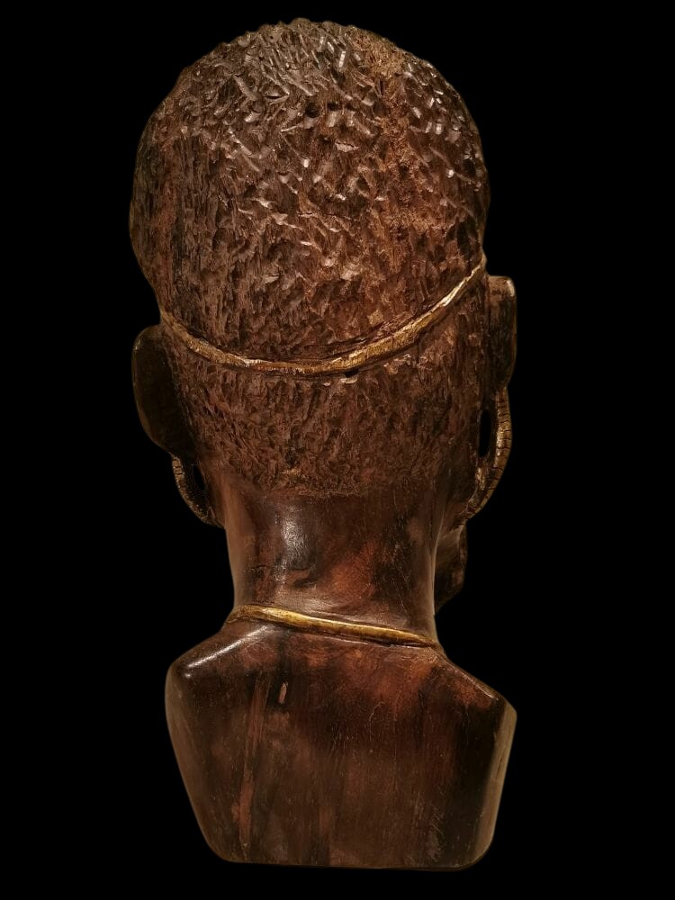 Testa Testa Africana grande Scultura Lignea dell'800 con Decori Dorati